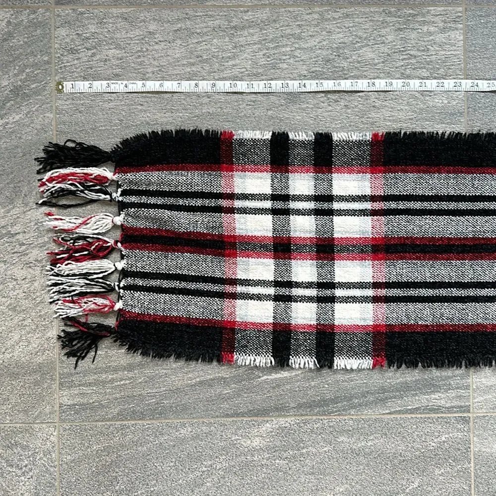 NWT Macy's x Style & Co Ultra-soft Fringe Scarf Black Red White Plaid Stripes